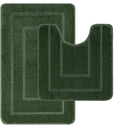 Ichra rutschfeste Badematte, extra weich, wasserabsorbierend, 100 % Polypropylen, waschbar, WC-Vorleger, Duschvorleger, Badezimmerteppich für WC, 2 Stück, Grün
