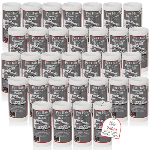 Caraselle Pet Hair Remover Refill Extra Sticky Lint Roller (32 refills) | 240m total (≈2400 Sheets Equivalent) of super adhesive refill to remove lint, fluff & hair from furniture, bedding, car