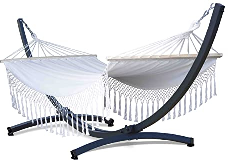 Potenza Outdoor Hängematte mit Aluminium Gestell für 2 Personen I Stabhängematte XXL 220x160, 200kg I Hängemattengestell 200 kg Wetterfest (Santia-Ecru, Basic Gestell Graphit)