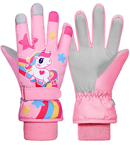 Kinder Skihandschuhe Snowboard Handschuhe Schneehandschuhe wasserdichte Und Winddichte Winter Handschuhe Anti-Rutsch Plüsch Gefüttert Warm Handschuhe für Mädchen Jungen Rosa Einhorn XS(2-4 Jahre)