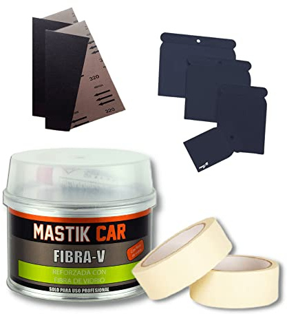 Mastik Car Kit DE Masilla DE Fibra DE Vidrio 400 GR. + Juego de espatulas de carrocero + Cinta de carrocero + 2 pliegos de Lija Fina
