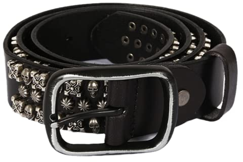 YOPADO Herren Damen Nietengürtel im Punk Rock Gothic Style Rindsleder Ledergürtel mit 3 Reihen Metall Nieten Totenkopf und Nietenkreuz Blütenspitzen Gürtel 105-125cm Länge(120cm/waist:41, Black)