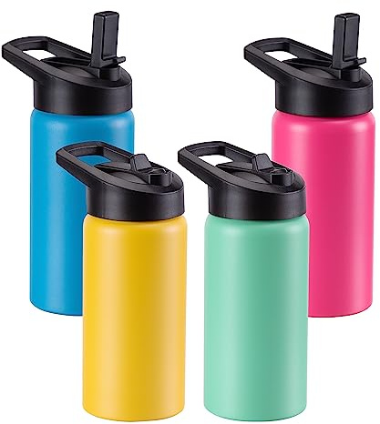 Kids Water Bottle with Straw Lid & Handle, 4 Pack 16oz Personalized Water Bottles Bulk, Dishwasher Safe, Leak Proof DIY Gift for Girls Boys to School Sports Travel Gym Running Hiking, Mixed Color Set