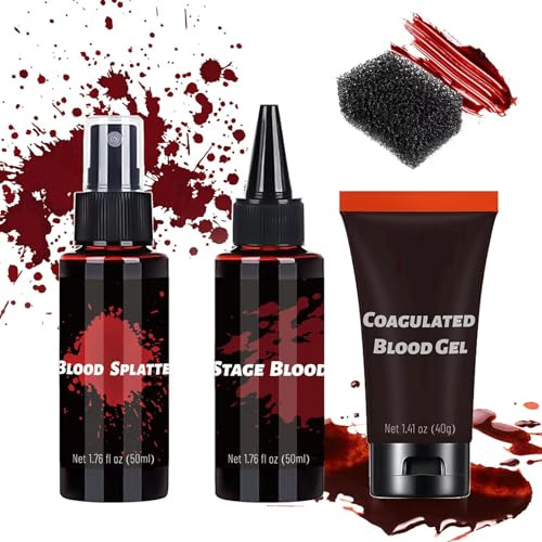 CHASPA Halloween Kunstblut Fake Blood kit - 4Pcs set Halloween Schminke Erwachsene Kunstblut Spray, Stage Blut, Blood Gel für Vampier Zombie Horror