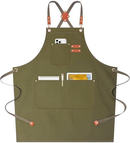 AFUN Chef Aprons for Women Men with Oversized Pockets, 12-Ounce Cotton Canvas Cross Back Water Repellent Apron (Grey Green)
