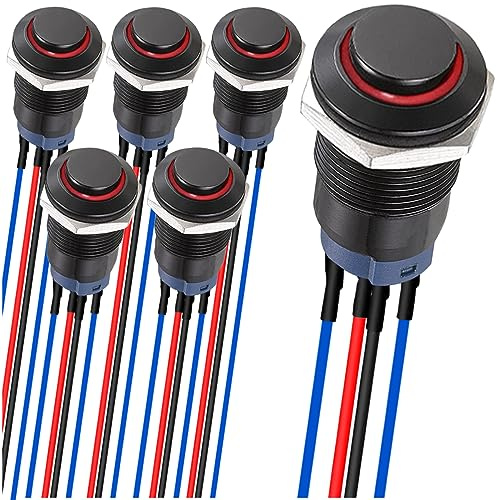 MKBKLLJY 6St. 12mm einrastende led Druckknopfschalter Schwarzes Gehäuse mit Vorverdrahtung IP65 Wasserdichter Druckknopfschalter 1NO 1Normal Selbstsperrend mit roter LED für Auto und Boot