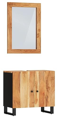 vidaXL Badmöbel Set 2 tlg., Waschbeckenunterschrank mit Holzbeinen, Spiegel für Badezimmer, Badspiegel Badschrank Badezimmerschrank Waschbeckenschrank, Massivholz Akazie