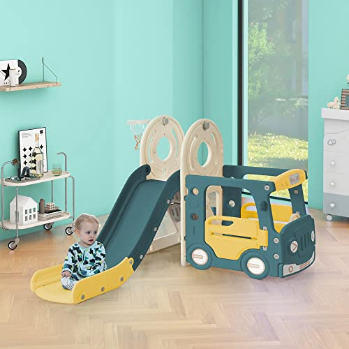 4 In 1 Kinder Rutsche ab 3-8 Jahre für Indoor und Outdoor, Kinder Spielplatz mit Basketballkorb, Bus, Aktivitätsleiter und Rutsche, Gartenrutsche, Sicheres Und Ungiftiges Hdpe-Material, Grün