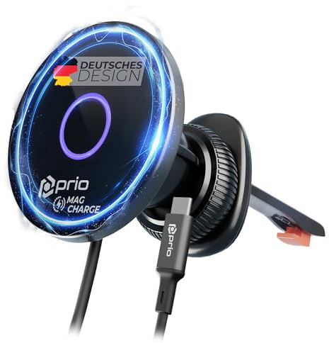 prio® 15W Kabelloses KFZ-Schnellladegerät | Magnetische Handyhalterung & Wireless Charger fürs Auto | 360° drehbar | kompatibel mit iPhone 17–XS & Samsung S25–S20 | Aluminium & Glas Design