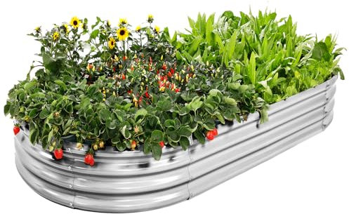 AHEONLAR Galvanized Raised Garden Bed Kit, Oval Large Metal Planter Box, Sturdy and Durable, Garden Boxes Outdoor Raised for Vegetables, Fruits, Flowers and Herbs, 4x2x1ft (Silver)