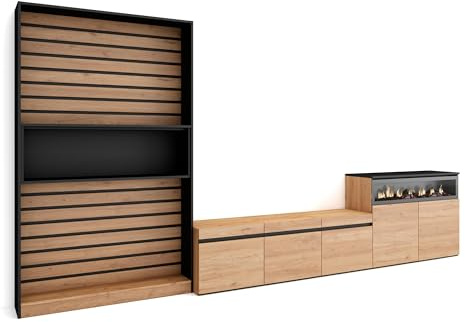 Skraut Home | Muebles de Salón para TV | Conjunto de Muebles Comedor | 360x186x35cm | para TV hasta 65 | Chimenea eléctrica | Estilo Moderno | Roble y Negro