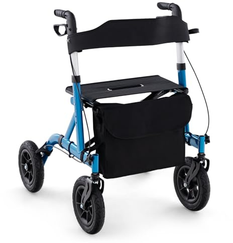 COSTWAY Déambulateur à Roue Pneumatique Tout Terrain de 24 cm Réglables en Hauteur 81-93,5 cm, Rollator Pliable en Aluminium avec Siège 2 Freins à Main Sac de Rangement, Charge 136KG (Bleu)