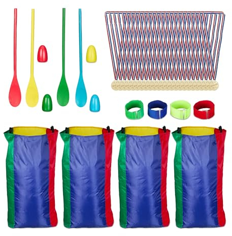 Relaxdays utomhusspel för barn, säckhopp, ägglöpning, treben, 24 medaljer, gårdsspel barnfödelsedag, färgglad, 1 styck