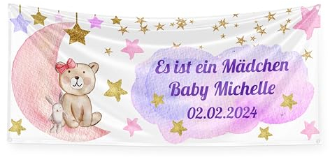 Personalisiertes Geburtstags Banner fürs Kleinkind. Geburtstagsbanner für Kinder. Geburtstagsdekoration für Jungen oder Mädchen (Teddybär mit Mond und rosa Sternen)