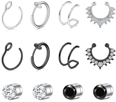 JFORYOU 12 Pieces Stainless Steel Fake Nose Ring Hoop No Pierced False Septum Tragus Ohr Lip Ringe Earrings Silver Black Piercing Jewelry