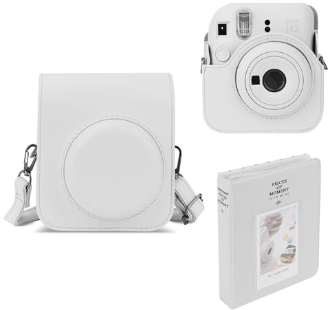 Mumlicha Étui en cuir synthétique photo et album de 64 poches compatible Fujifilm Instax Mini 12, Mini 12 avec bandoulière réglable (blanc)