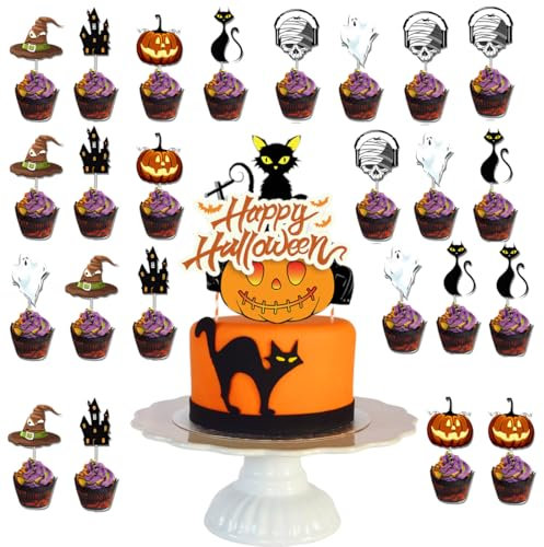 AYVRUOP AYV 25 Stück Halloween Muffin Deko,Halloween Cake Topper,Halloween Deko,Halloween Dekoration,Halloween Cupcake Wrappers,For Halloween Theme,Birthday Party Cake Decorations Supplies