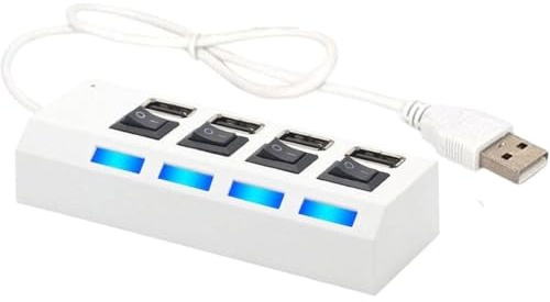 Extension Hub, High Speed Multiport Splitter Adapter, 4 Port USB 2.0 Hub extensions Cable, USB Dock, USB Extender With Lights And On/Off Power Switches For Keyboards, Laptop Pc & More. (White)
