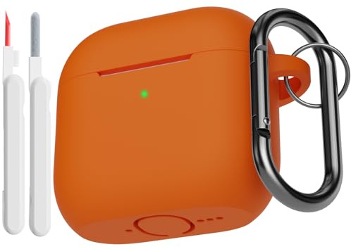 KOKOKA Silikon Hülle Schutzhülle Kompatibel mit AirPods 4. Generation mit Reinigungsset, Stoßfeste Weiche Dünne Schutzhülle Case für Airpods 4 2024 mit Cleaner Kit & Karabiner, Orange