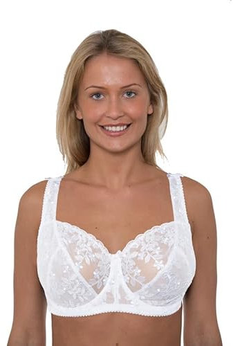 Vitality Care Full Coverage Floral Embroidered Lace Underwired Non-Padded Bra for Plus Size Women with Large Busts, Comfortable Adjustable Straps, White, 34DD