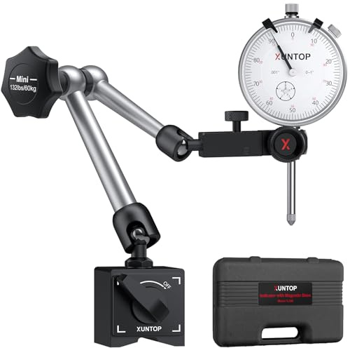 XUNTOP Dial Indicator 1inch/0.001inch with 132lbs/60kg Magnetic Base,Imperial Dial Test Gauge Set for Lathe,3D Printer,CNC,Car,Laboratory
