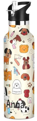 Botella de agua personalizada para niños con pajilla, 20 onzas, botella de agua personalizada de acero inoxidable para viajes o escuela, sin BPA, razas de perros de dibujos animados, beige