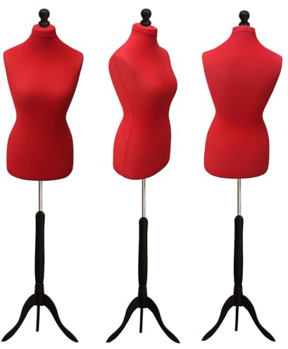 Display Guru Female Tailors Dummy Mannequin, Ideal for Dressmakers, Fashion Students, Shop Display, Red Torso Bust With Black Wood Tripod Stand (UK Size 12/14)