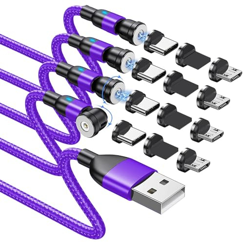 BITHAI 4 Pack Magnetic Charging Cable - 360 Rotating Phone Charger Magnetic Connectors Compatible For Most Devices - Nylon Braided Cable - 3in1 Charger Micro Type C USB (6.6ft*4)