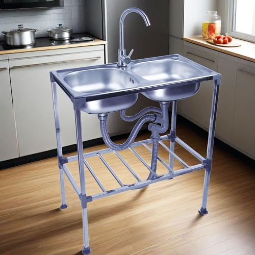 Évier de Cuisine,Éviers sur Pieds à Doubles Bacs en Acier Inoxydable avec robinet chaud et froid,Lavabo Utilitaire Intérieur Extérieur,Station Lavage Main Commerciale