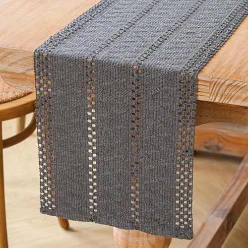 Jayusaror Tischläufer Grau Boho Makramee Modern Frühling Bauernhaus Klein Tischdecke Schmal Landhausstil Rustikaler Tisch Läufer Baumwolle Leinen Table Runner für Hochzeit Party Deko 30x100 cm