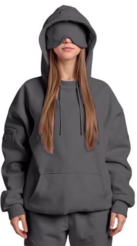 Mrat Womens Hoodie with Eye Mask Built In, Comfrt Airplane Mode Travel Hoodies, Soft Loose Sweatshirt, Long Sleeves Fleece Cosy Warm Oversized Pullover Top, Baggy Wearable Blanket, Solid Color,Uk 8-18