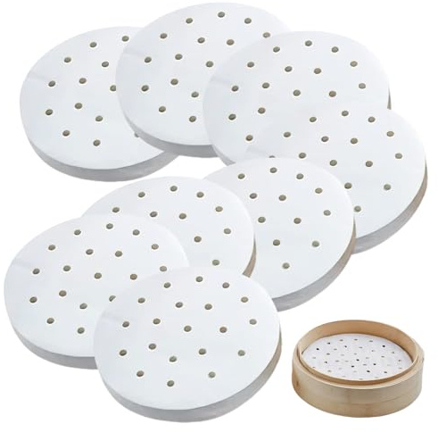 FortuneGlobe 200 fogli di carta perforata da 22 cm in bambù per cottura a vapore e vapore, 8 pollici di carta pergamena antiaderente come dim sum, carta friggitrice ad aria (200pcs 22cm)