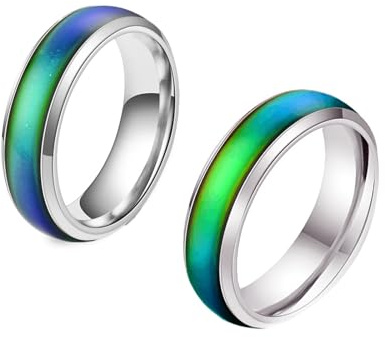 2 Pcs Mood Ring, Stainless Steel Warm Color Mood Ring for Kids, Moods Thermochromic Band Rings for Boyfriend Girlfriend, Durable Fashion Temperature Emotion Rings, for Daily Party Birthday Gift