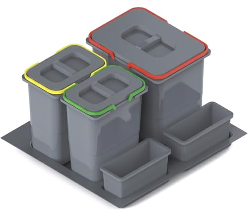 REJS Système de Tri Sélectif Cuisine pour Meuble de 60 cm 3 Bacs 52,5x49x30 cm (1x 15L + 2x 7L) avec Couvercle Poubelle Encastrable pour Tiroirs Set de Bacs à Ordures Argenté