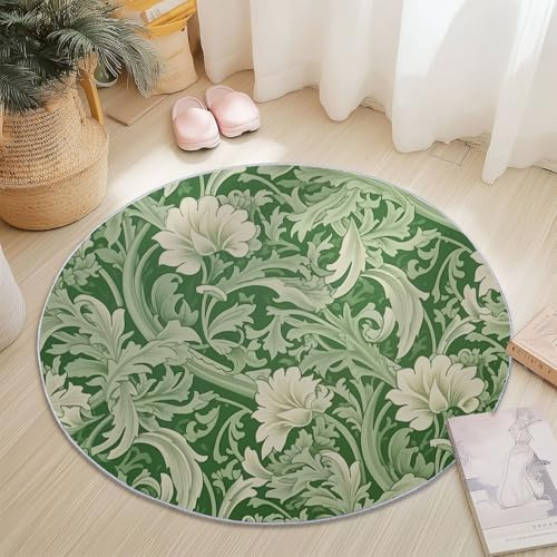 Alfombras Redondas Antideslizantes 180 Cm Patrón Clásico Europeo Floral De Hierba Rizada Suave, Lavable A Máquina, Alfombras De Suelo Que No Se Desprenden para Dormitorio Y Sala De Estar Verde