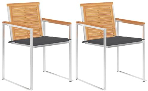 Mandloder Gartenstühle mit Kissen, 2er-Set aus massivem Teakholz & Edelstahl 304, wetterfest für Garten & Terrasse, bequemer Outdoor-Sitz mit anthrazitfarbenen Polstern