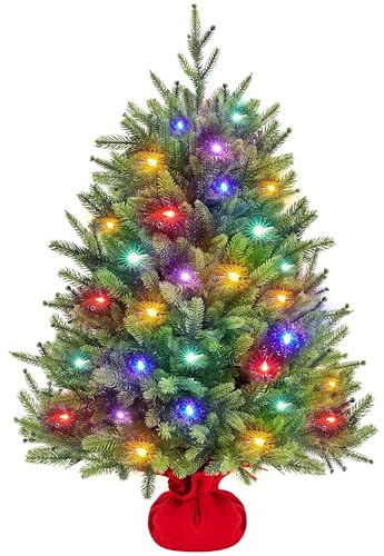 Yaheetech 3ft Pre-lit Artificial Mini Christmas Tree, PE Branches with 50 Color LED Lights, Cement Base, 8 Light Modes, 143 Tips, Desktop Xmas Tree for Holiday Party Home Decor, Green