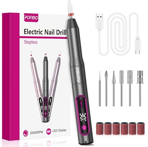 POFIBO Electric Nail Drill 30,000RPM – Electric Nail Files for Acrylic and Gel Nails, for Thick Toenails with LCD Display, Manicure Pedicure Kit (USB-C Powered, Plug-in Use)