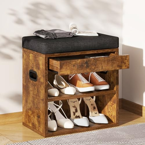 YMYNY Banco Zapatero con Asiento y Cajón, Marrón Rústico HSC002H