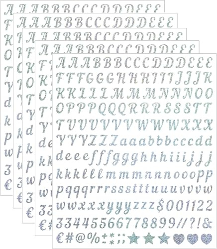 5 Blätter dekorative Alphabet 1000 PCS Abziehbilder Glitter Skript Buchstaben Vinyl selbstklebend für Wanddekoration, Spiegel, Flaschen, Laptops, Grußkarten, Journale, Scrapbooking (Silber)