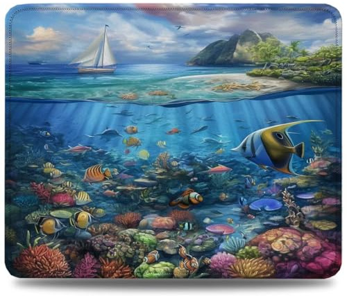 Mouse Mat 300 x 250 x 3 mm Gaming Mouse Pad, Non-Slip Rubber Base, Waterproof Surface Mousepad, Stitched Edges, Compatible with Laser and Optical Mice, Fish Desk Mat, Gifts for Man Beach 0d-956