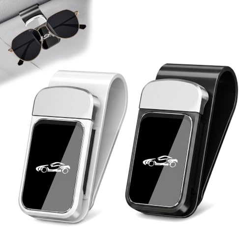 Healife 2 Stück Brillenhalter für Auto Sonnenblende, Leichter Kunststoff mit Edelstahl Panel, Sonnenbrillenhalter in Schwarz & Silber, Clip-Halterung für Sonnenbrille, Tickets, Einfache Montage