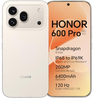 HONOR 600 Pro 5G Smartphone Móvil, 6,57 120Hz AMOLED, Cámara Triple 200MP, Batería 6400mAh, Carga Rápida 80W, IP68/IP69K, Snapdragon 8 Elite, Android 16