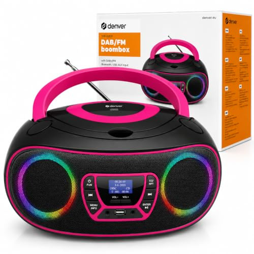 Denver Portable DAB+ Radio CD Player Boombox with Bluetooth - LED Speaker Lights, FM & USB – TDB-212P Pink