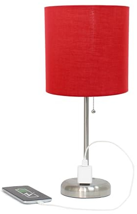 Simple Designs LT2024-RED Brushed Steel Stick Table Desk Lamp with Charging Outlet and Drum Fabric Shade, Red Shade