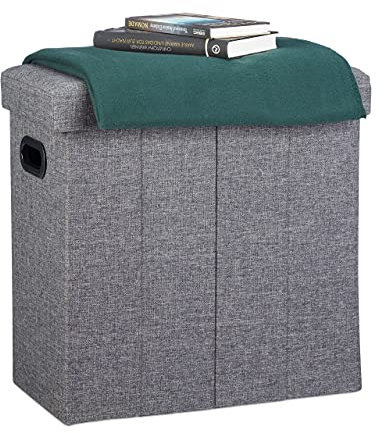 Relaxdays Faltbarer Sitzhocker, HxBxT: 49,5 x 46 x 25,5 cm, mit Stauraum, Griffe, Leinen, Polyester, MDF, Dunkelgrau
