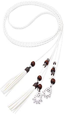 Exotische Damen Mädchen Gürtel Bauchkette mit Quaste und Holzperlen 150cm Lang Geflochtene Waist Belt Weiss