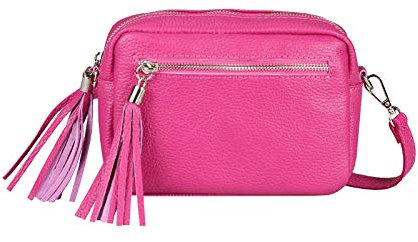 ITALYSHOP24COM Made in Italy DAMEN LEDER TASCHE Umhängetasche Schultertasche Beuteltasche Cross-Over Cross Bag Glattleder Schmucktasche Fransen Ledertasche Pink