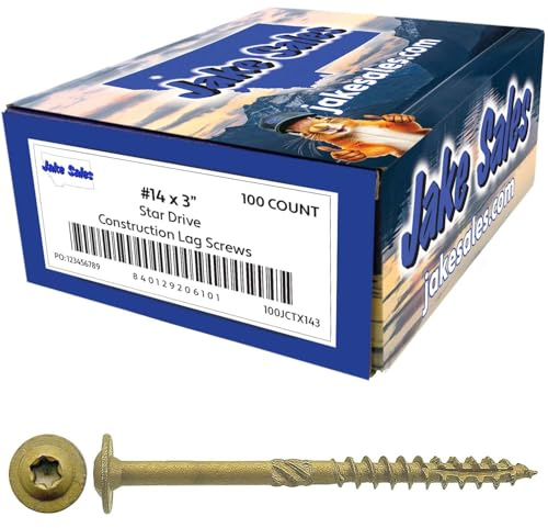 Jake Sales #14 x 3 Construction Lag Screw Exterior Coated Torx/Star Drive Heavy Duty Structural Lag Screw Far Superior to Common Lag Screws (100 Screw Count) Modified Truss Washer Head