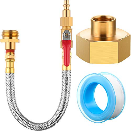 RV Winterizing Kit Air Compressor Quick-Connect Plug Include Winterize Blowout Adapter with Shut Off Valve, Female Garden Hose Connector, 1 Roll of Tape for Winterize Sprinkler Systems (Gold Head)